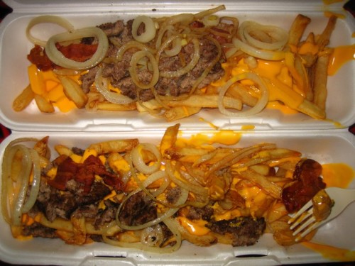 Heart Attack Fries Cheese-covered french fries with grilled onions, bacon and beef. (submitted by Dori via abock)